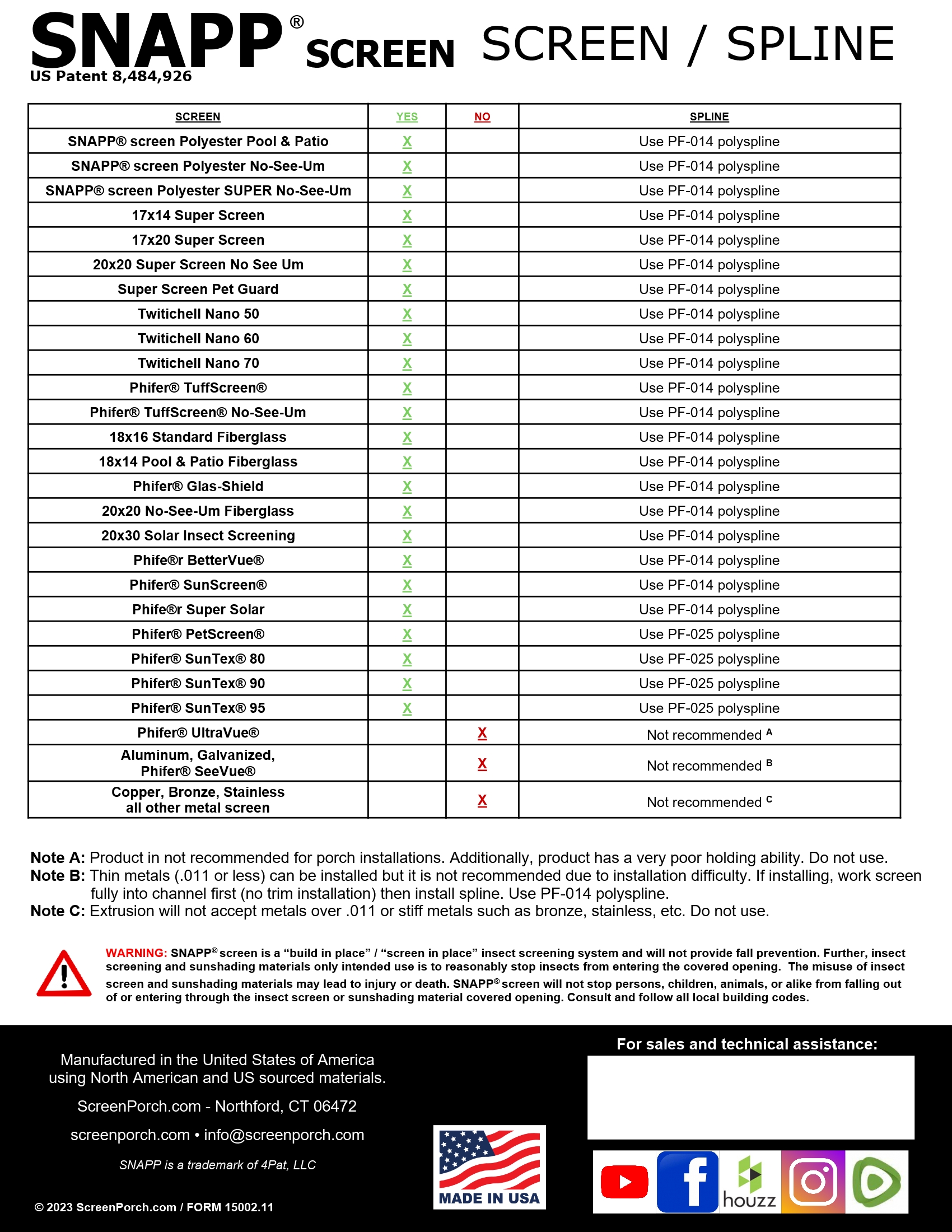 SNAPP screen Track retainer spline usage guide